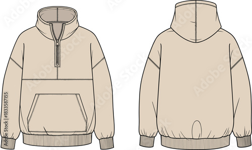 Oversized beige half-zip sweatshirt technical fashion illustration featuring kangaroo pocket and drop shoulders front and back view for apparel design