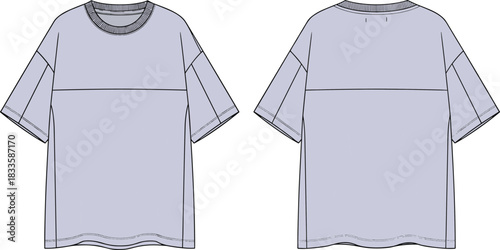 Oversized streetwear t-shirt technical fashion illustration front and back view showing drop shoulder design template for apparel manufacturing and tech packs