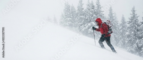 Male Hiker Facing Blizzard Storm in Winter Forest
