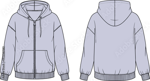 Oversized zip-up hoodie vector technical fashion flat sketch featuring front and back views with split kangaroo pocket design