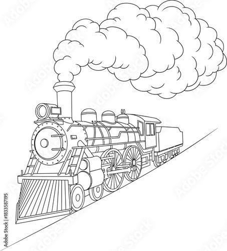 Vintage steam locomotive line art illustration with a large smokestack and puffy smoke cloud angled on a track.