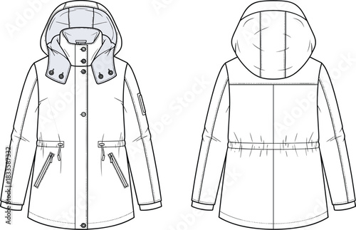 Women's hooded parka jacket technical flat sketch featuring drawstring waist, zipper pockets, and storm flap for apparel design templates