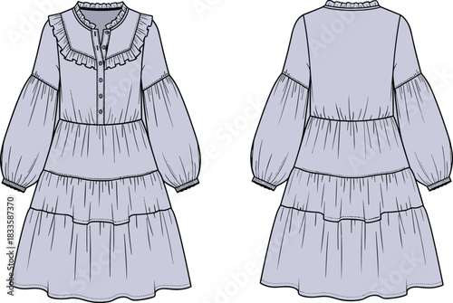 Women's tiered boho dress technical flat sketch featuring ruffled yoke, button placket, and balloon sleeves for apparel design templates