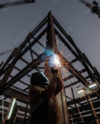 Industrial Welder Joining Steel Beams with Flying Sparks
