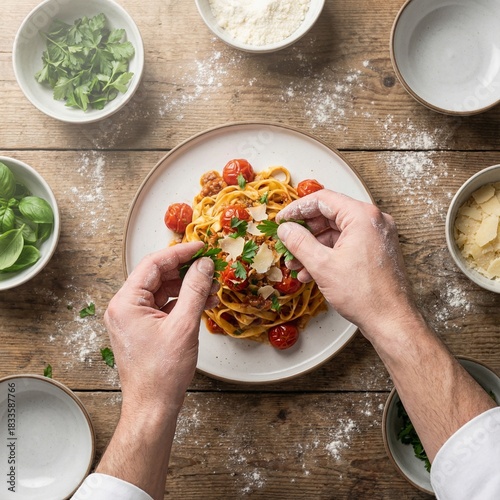 Chef Hands Sprinkling Fresh Herbs on Gourmet Pasta Dish