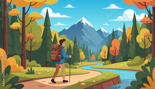 Hiker Walking Through Scenic Mountain Forest Landscape