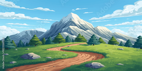 Winding Trail Through Verdant Fields Leading to Snow-Capped Mountains Beneath a Bright Blue Sky, Inviting Exploration, Tranquility, and the Beauty of Nature’s Journey