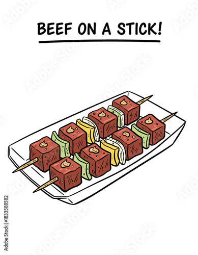 Cartoon Beef Skewer Sticks.Hand Drawn BBQ Kebab Plate.Grilled Meat and Veggies Art.Delicious Shish Kebab Icon.Outline Fast Food Illustration
