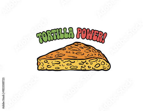 Tortilla Power Retro Graphic.Spanish Omelette Cartoon Art.Comic Food Vector Design.Mexican Cuisine T-shirt Print.Bold Flatbread Sticker