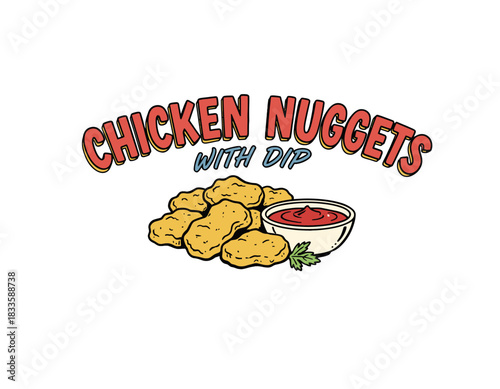 Retro Chicken Nuggets Dip.Vintage Fast Food Emblem.Hand Drawn Nugget Logo.Cartoon Fried Chicken Sign.Snack Food Vector Graphic