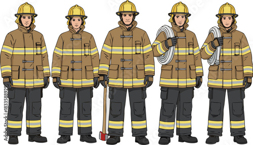 Firefighter Team Illustration in Full Protective Gear – Vector Art