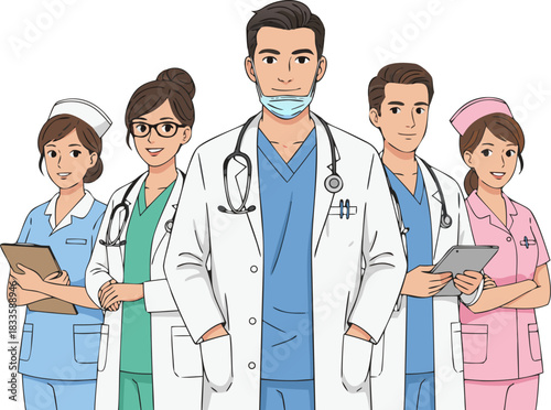 Medical Team Illustration – Doctors and Nurses in Professional Uniforms