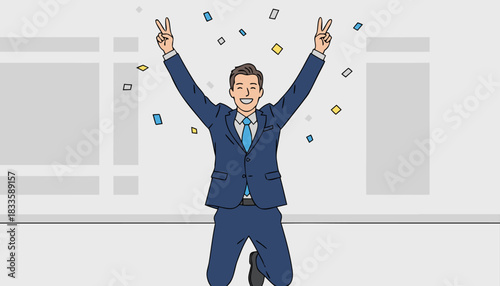 Happy Businessman Celebrating Success with Confetti – Vector Illustration