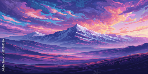 Dreamlike Mountain Vista Bathed in Ethereal Hues of Violet, Pink, and Gold Beneath a Sky Ablaze with Sunset Clouds and Celestial Wonder