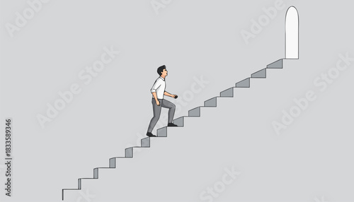 Man Climbing Stairway Toward Bright Doorway