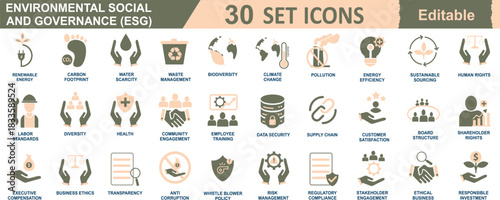 30 ESG & CSR Icons: Environmental, Social, and Governance Symbols (Climate, Diversity, Health, Safety, Transparency, Ethics) for Strategy and Reporting.
