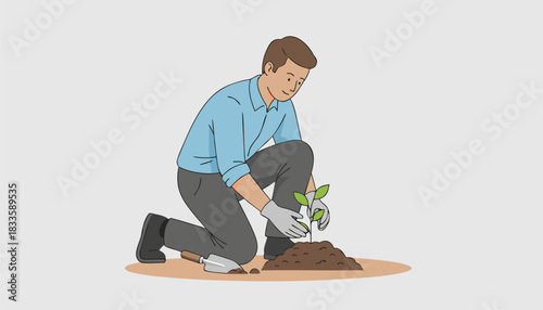 Man Planting a Young Seedling – Eco-Friendly Vector Illustration