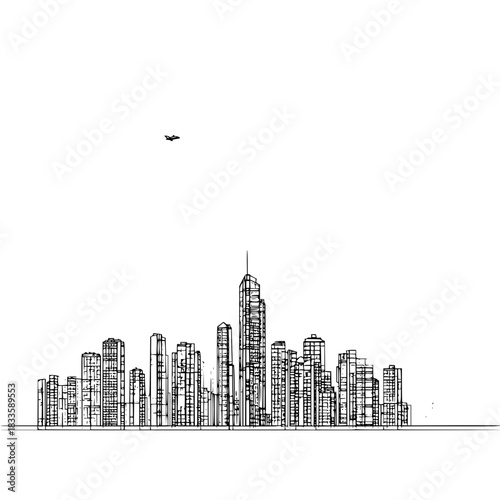 Cityscape skyline with plane in the sky and tall buildings drawn in black and white illustration style