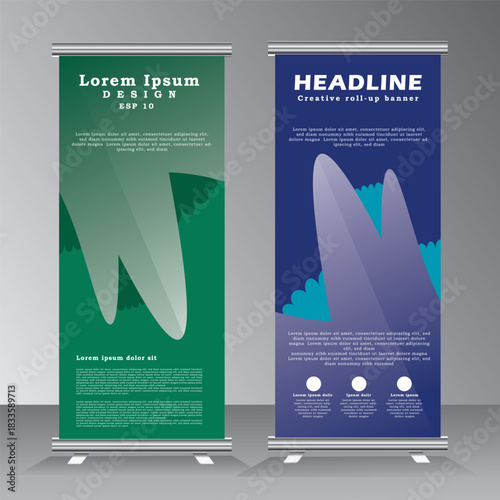 Green and blue color roll up business brochure flyer banner design vertical template, cover presentation background, modern publication x-banner and flag-banner, Roll up banner stand, vector eps 10