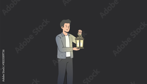 Man Holding a Lantern in the Dark – Illuminated Nighttime Vector Illustration