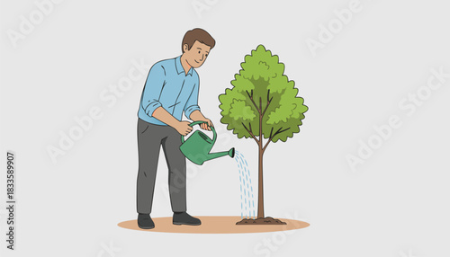 Man Watering a Tree – Environmental Care and Growth Concept