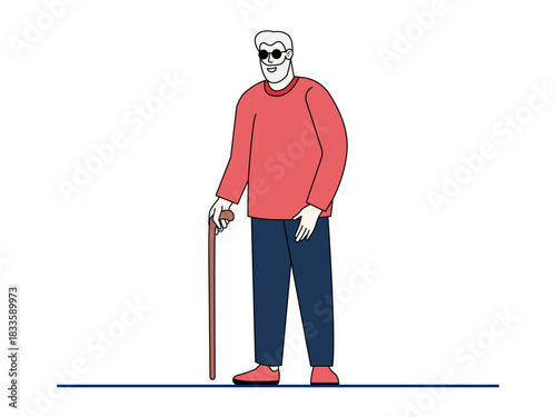 Elderly man with a dark sunglasses, suggests he may be visually blind and using the stick for support. Healthy problems vector illustration. Flat illustration.