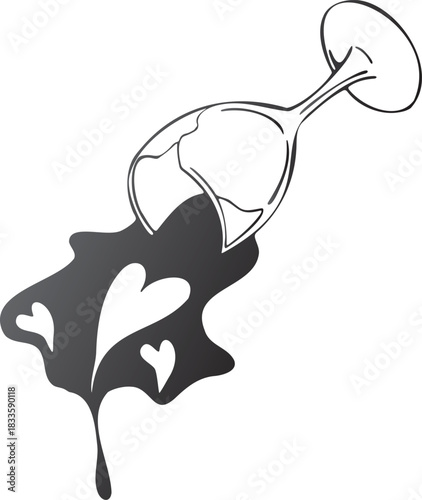 Spilled wine glass with heart shapes in dark liquid