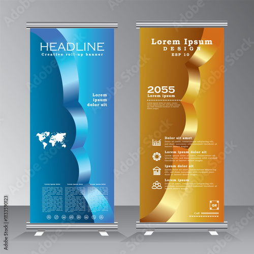 Blue and gold roll up business banner flyer banner design vertical template vector, cover presentation abstract geometric background, modern publication x-banner, pull up banner,