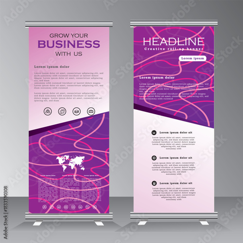 Abstract roll up banner design with lines, abstract roll up banner template, pink and purple color vertical banner with pink lines, pull up, morden vertical banner, Vector eps 10