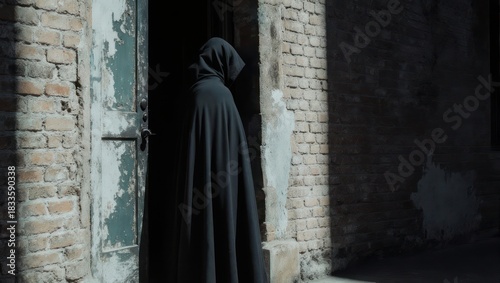 Mysterious hooded figure emerges from a dark doorway in an abandoned building.