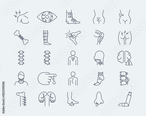 Injury and disease line icons set. Editable stroke. Simple vector icon in modern thin line style. Vector illustration.