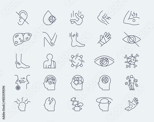 Injury and disease line icons set. Editable stroke. Simple vector icon in modern thin line style. Vector illustration.