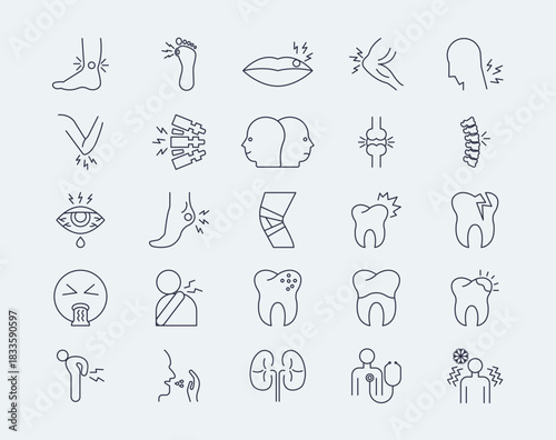 Injury and disease line icons set. Editable stroke. Simple vector icon in modern thin line style. Vector illustration.
