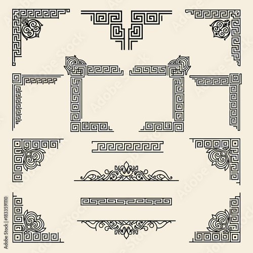 Collection of decorative Greek key border designs and corner elements.