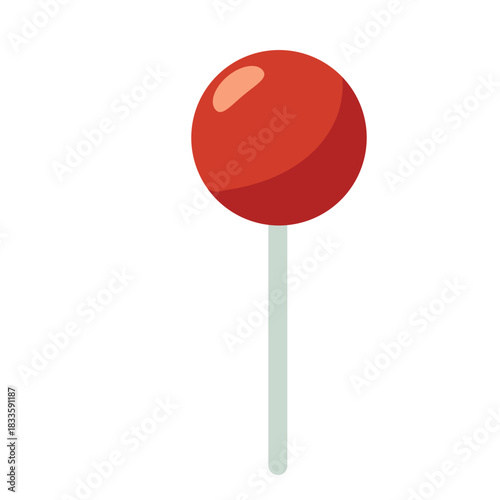 A red round candy on a stick illustrated in a clean flat style, ideal for sweet treat graphics, children’s themes, dessert visuals, and fun creative projects.