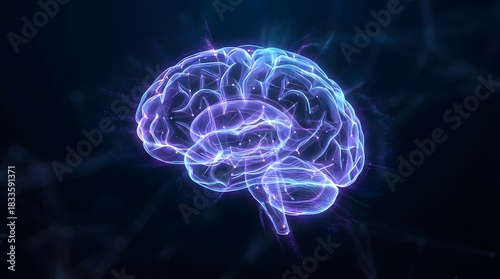3D wireframe brain with glowing neon nodes and lines in blue, purple or cyan on a dark background, slightly angled for depth, with negative space, conveying abstract AI and futuristic digital concept