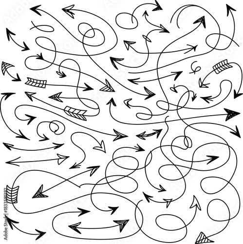 Dense Arrangement of Hand Drawn Black Arrows on White Background Keywords: arrow, direction, pointer, symbol, graphic, design, element, isolated