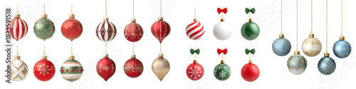 Christmas Ornaments Set: Red, Green, and White Festive Baubles on White Background