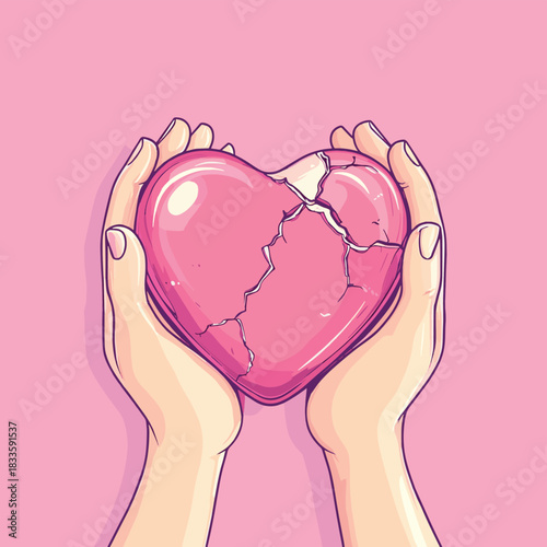 Point of view from above of hands mending broken heart on pink background , vector style simple color