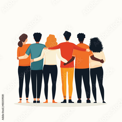 Rear view of multiracial men and women standing side by side with arms around each other , vector style simple color