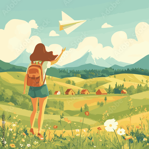 Carefree woman with backpack flying on paper airplane over sunny, idyllic rural farm landscape , vector style simple color