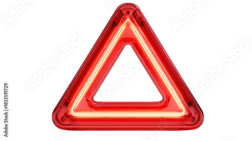 Red emergency warning triangle hazard sign glowing with neon light, symbolizing danger, alert, and caution on transparent background