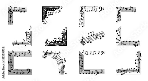 Musical Notes Corner Borders - Decorative Frames for Music-Themed Designs.
