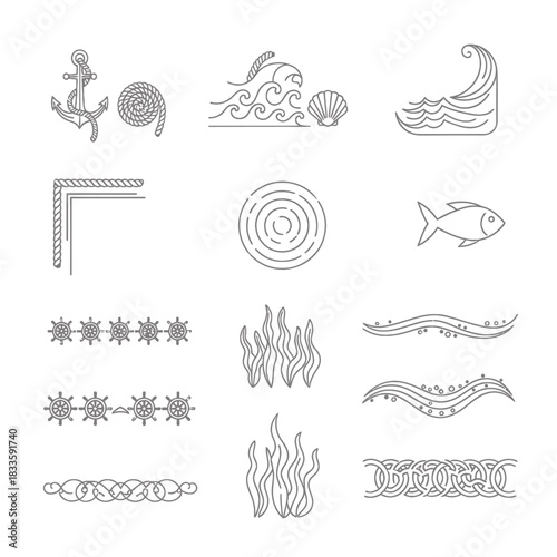 Nautical and Marine Themed Line Art Illustrations Collection.