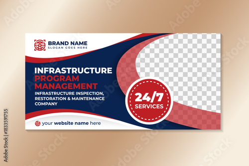 infrastructure program manufacture landing page design on horizontal layout. combination blue and red on element with space for photo.