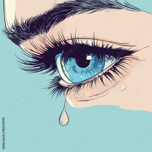 Extreme close up of woman crying, teardrop falling from her blue eye , vector style simple color