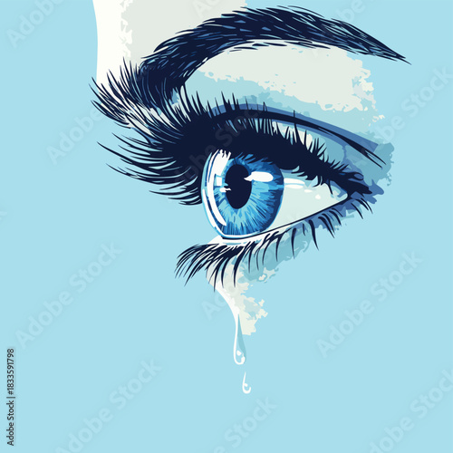 Extreme close up of woman crying, teardrop falling from her blue eye , vector style simple color
