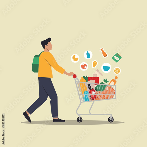 Modern Shopper Pushing Cart with Digital Icons