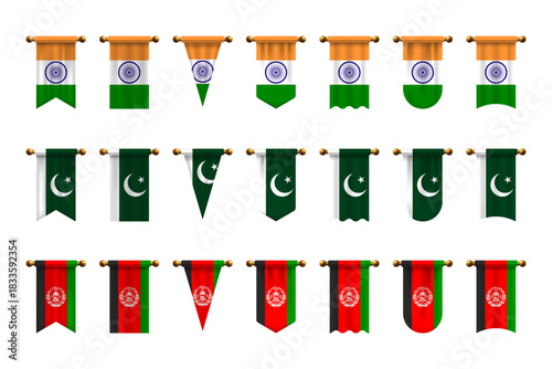South Asia Pennant Flag Set. India, Pakistan, and Afghanistan in Multiple Banner Styles