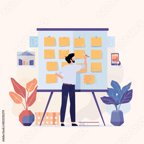Modern Man Organizes Project Management Strategy Board